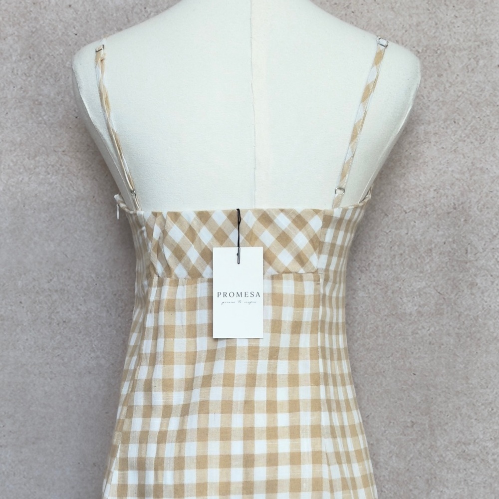 Promesa Gingham Checkered Cream & Oatmeal Mini Dress With Sweetheart Neckline - Picture 7 of 7